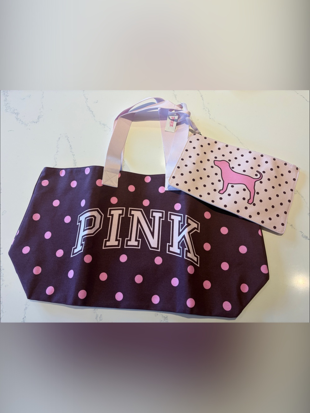 PINK Victoria's Secret Tote with Pink Polka Dots and Matching Pouch